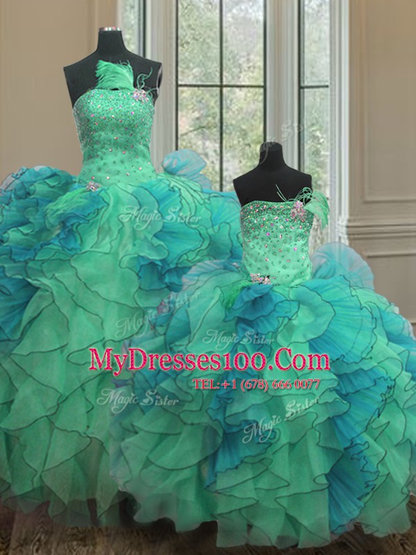 Superior Multi-color Ball Gowns Sweetheart Sleeveless Organza Floor Length Lace Up Beading and Ruffles Quinceanera Gowns