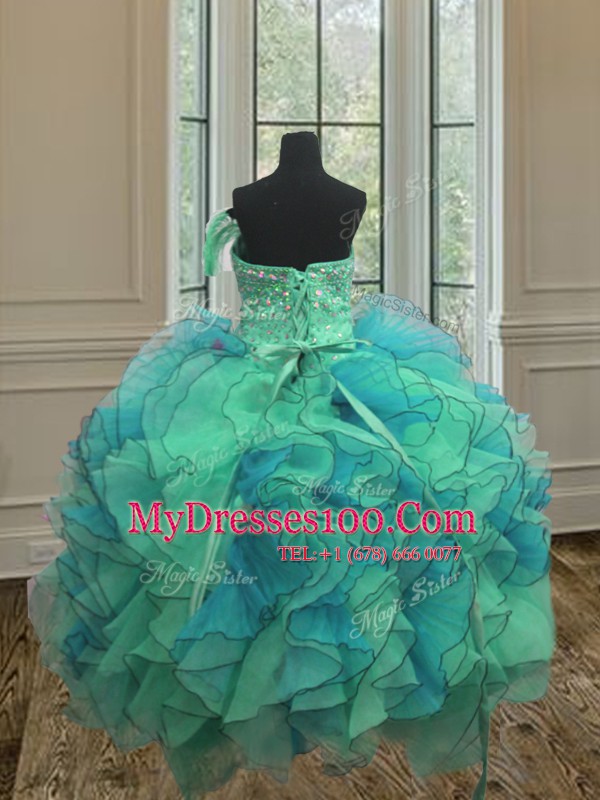 Superior Multi-color Ball Gowns Sweetheart Sleeveless Organza Floor Length Lace Up Beading and Ruffles Quinceanera Gowns