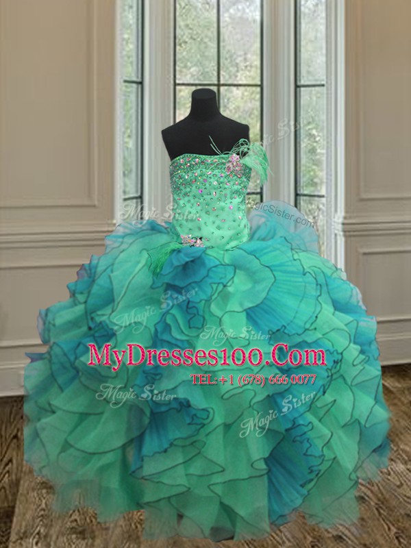 Superior Multi-color Ball Gowns Sweetheart Sleeveless Organza Floor Length Lace Up Beading and Ruffles Quinceanera Gowns