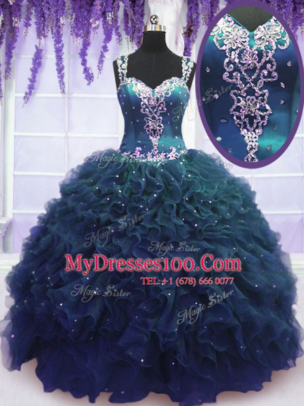 Custom Designed Straps Navy Blue Tulle Zipper 15th Birthday Dress Sleeveless Floor Length Beading and Ruffles