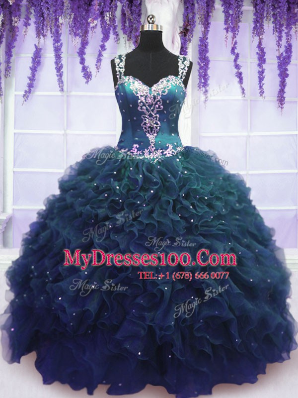 Custom Designed Straps Navy Blue Tulle Zipper 15th Birthday Dress Sleeveless Floor Length Beading and Ruffles