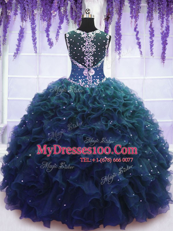 Custom Designed Straps Navy Blue Tulle Zipper 15th Birthday Dress Sleeveless Floor Length Beading and Ruffles
