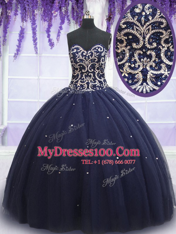 Tulle Sweetheart Sleeveless Lace Up Beading Sweet 16 Quinceanera Dress in Navy Blue