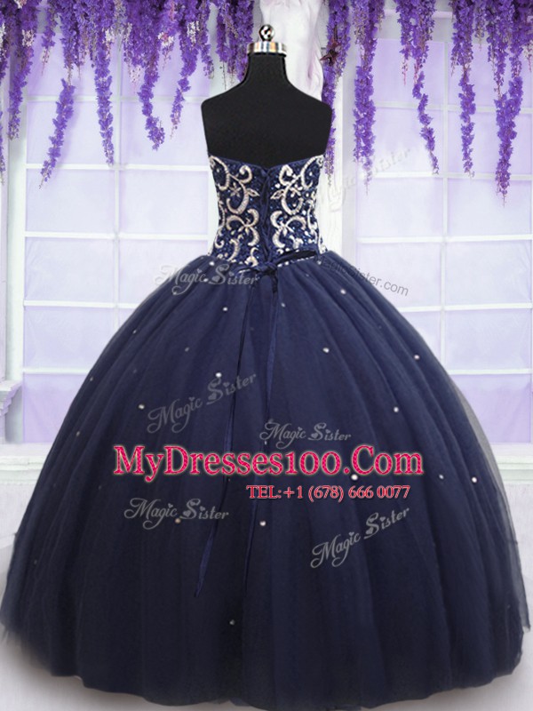 Tulle Sweetheart Sleeveless Lace Up Beading Sweet 16 Quinceanera Dress in Navy Blue
