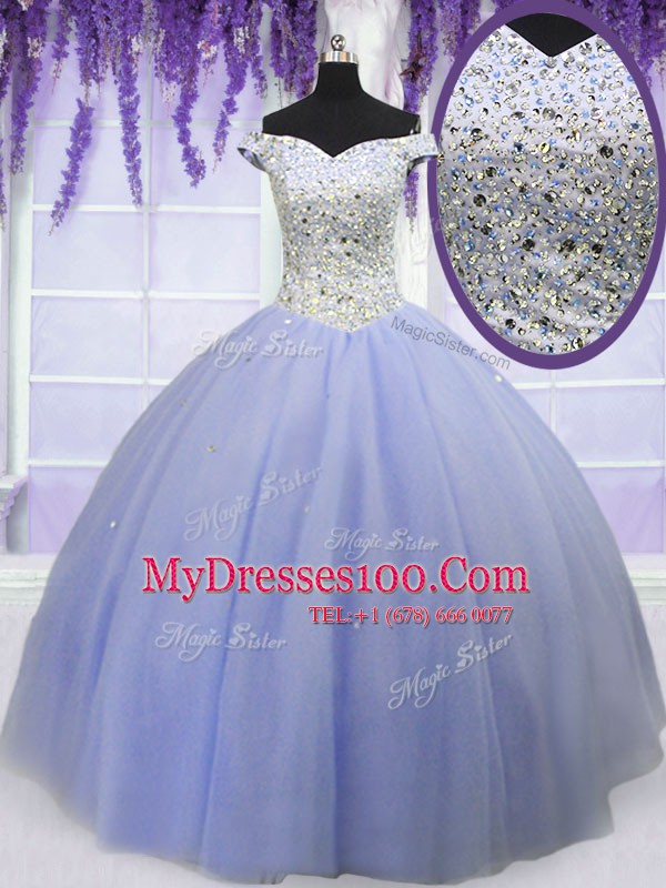 Off the Shoulder Floor Length Lavender Quinceanera Gowns Tulle Short Sleeves Beading