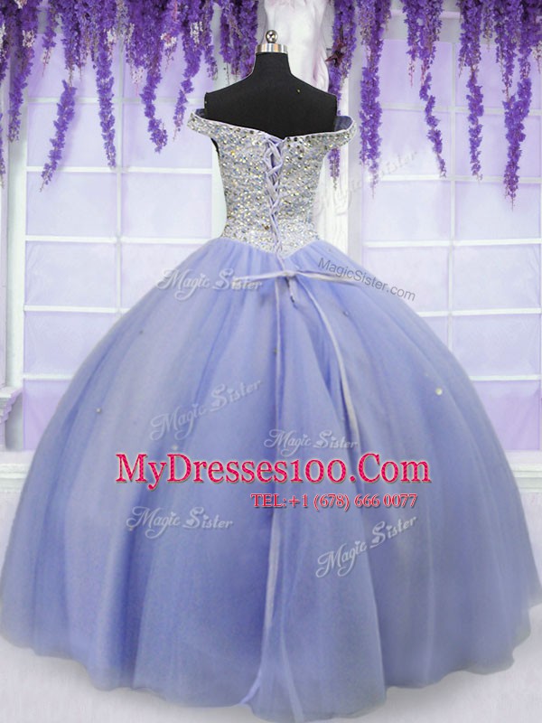 Off the Shoulder Floor Length Lavender Quinceanera Gowns Tulle Short Sleeves Beading