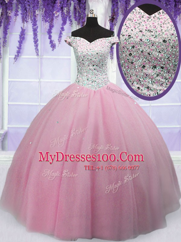 Baby Pink Ball Gowns Tulle Off The Shoulder Short Sleeves Beading Floor Length Lace Up Ball Gown Prom Dress