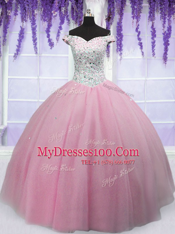 Baby Pink Ball Gowns Tulle Off The Shoulder Short Sleeves Beading Floor Length Lace Up Ball Gown Prom Dress