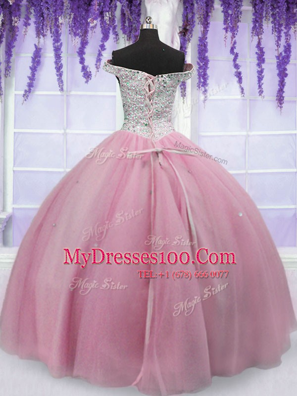 Baby Pink Ball Gowns Tulle Off The Shoulder Short Sleeves Beading Floor Length Lace Up Ball Gown Prom Dress