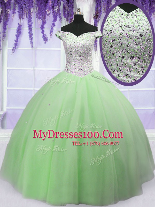 Off the Shoulder Beading Sweet 16 Dresses Apple Green Lace Up Short Sleeves Floor Length