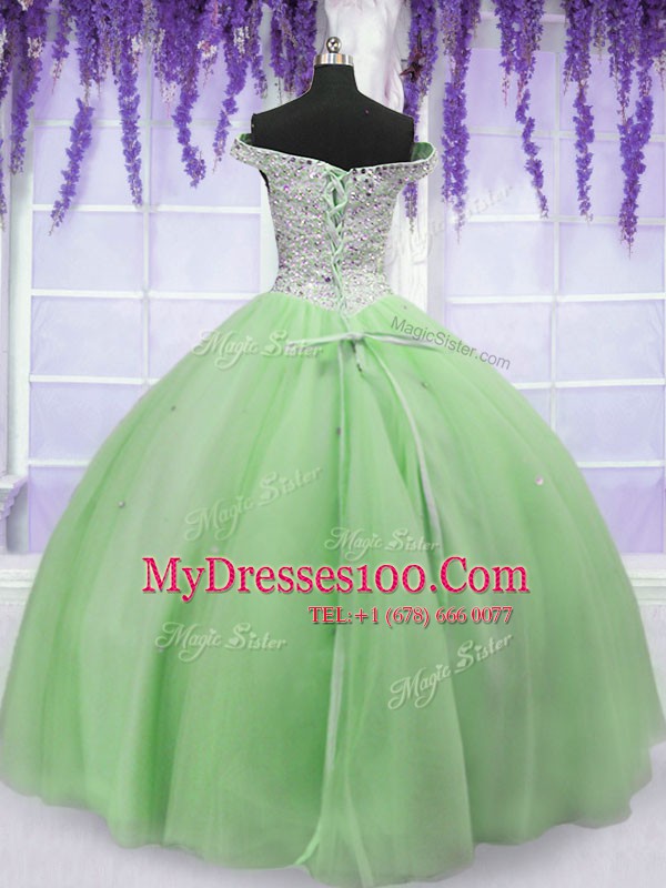 Off the Shoulder Beading Sweet 16 Dresses Apple Green Lace Up Short Sleeves Floor Length