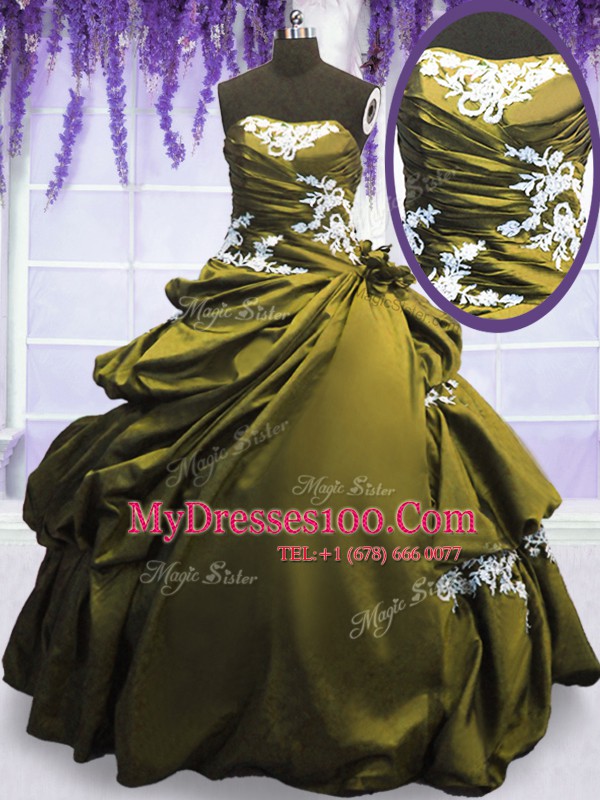 Olive Green Sleeveless Appliques and Pick Ups Floor Length Sweet 16 Dresses