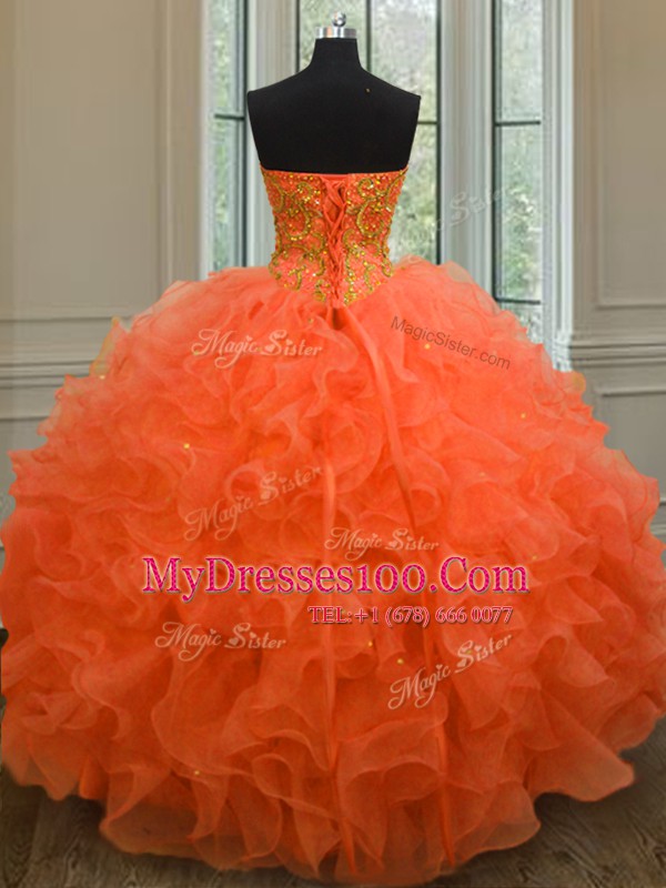 Exceptional Orange Red Ball Gowns Organza Sweetheart Sleeveless Beading and Ruffles Floor Length Lace Up 15 Quinceanera Dress