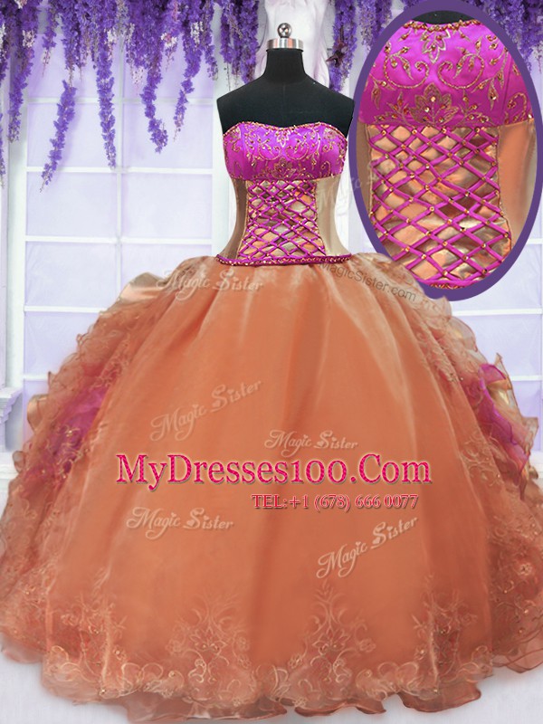 Pretty Orange Sleeveless Floor Length Embroidery and Ruffles Lace Up 15 Quinceanera Dress