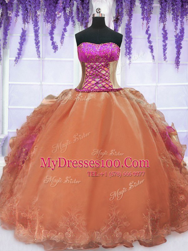 Pretty Orange Sleeveless Floor Length Embroidery and Ruffles Lace Up 15 Quinceanera Dress