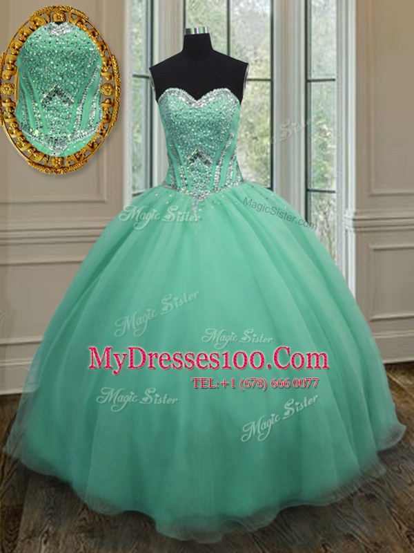 Custom Design Apple Green Lace Up Quinceanera Dress Beading Sleeveless Floor Length