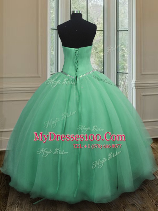 Custom Design Apple Green Lace Up Quinceanera Dress Beading Sleeveless Floor Length