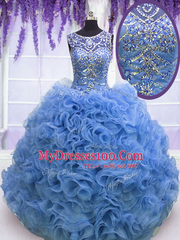 Baby Blue Scoop Lace Up Beading and Ruffles 15 Quinceanera Dress Sleeveless