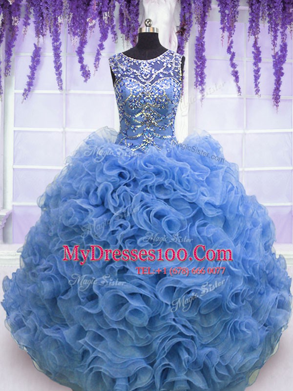 Baby Blue Scoop Lace Up Beading and Ruffles 15 Quinceanera Dress Sleeveless
