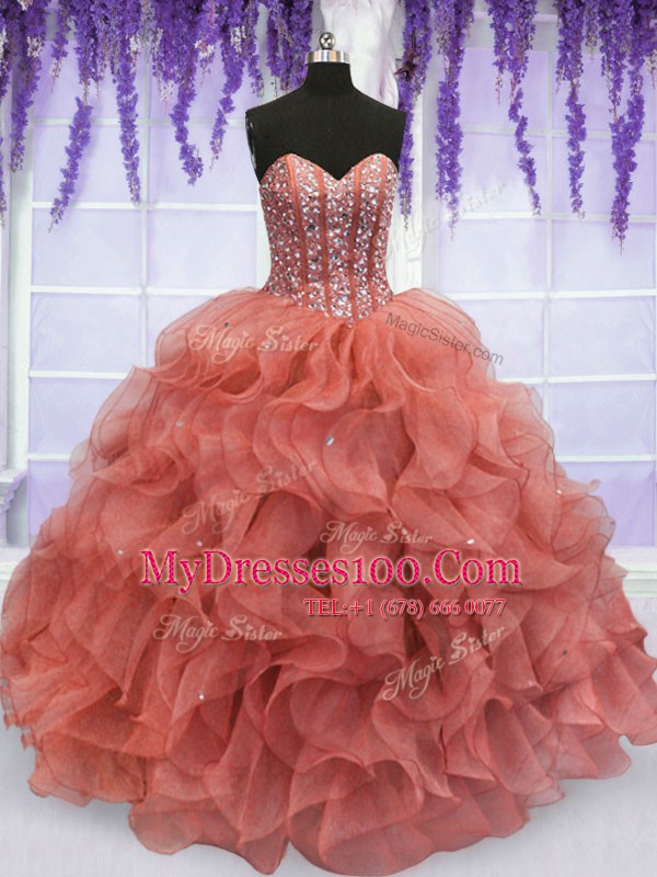 Watermelon Red Ball Gowns Beading and Ruffles Quinceanera Dress Lace Up Organza Sleeveless Floor Length