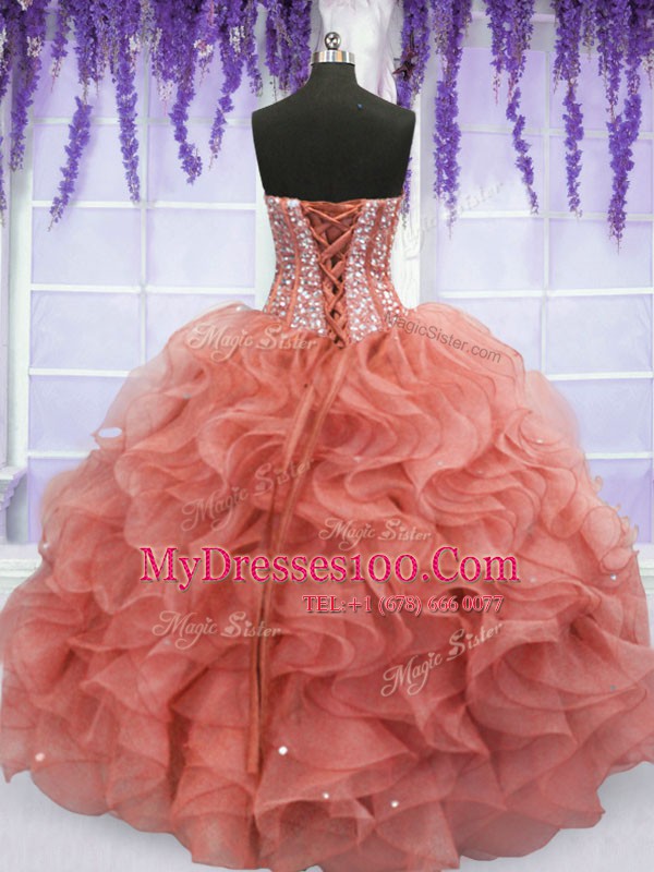 Watermelon Red Ball Gowns Beading and Ruffles Quinceanera Dress Lace Up Organza Sleeveless Floor Length