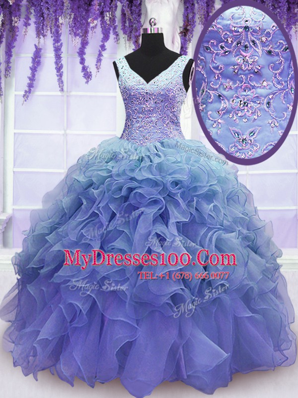 Flare V-neck Sleeveless Lace Up Quinceanera Dress Purple Organza