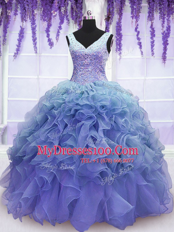 Flare V-neck Sleeveless Lace Up Quinceanera Dress Purple Organza