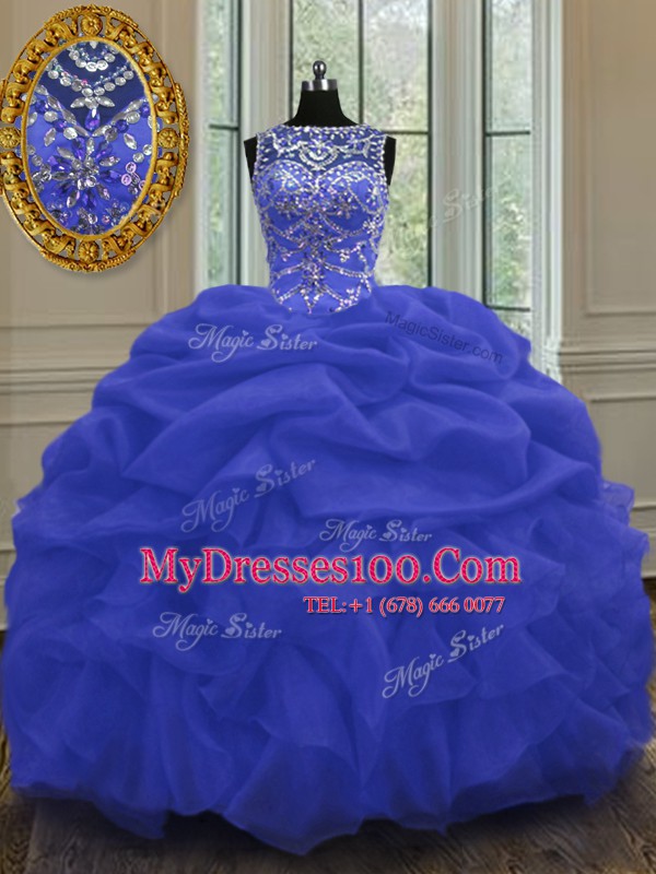 Great Scoop Pick Ups Floor Length Ball Gowns Sleeveless Blue Ball Gown Prom Dress Lace Up