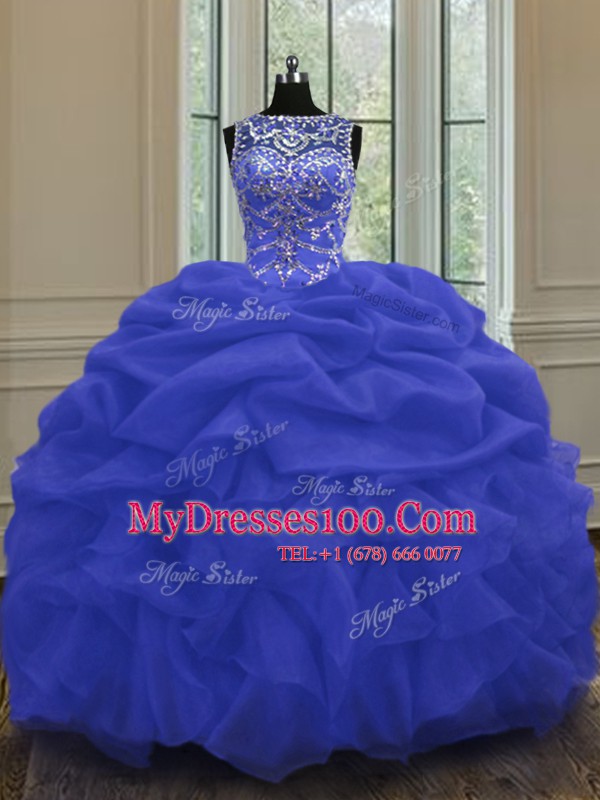 Great Scoop Pick Ups Floor Length Ball Gowns Sleeveless Blue Ball Gown Prom Dress Lace Up