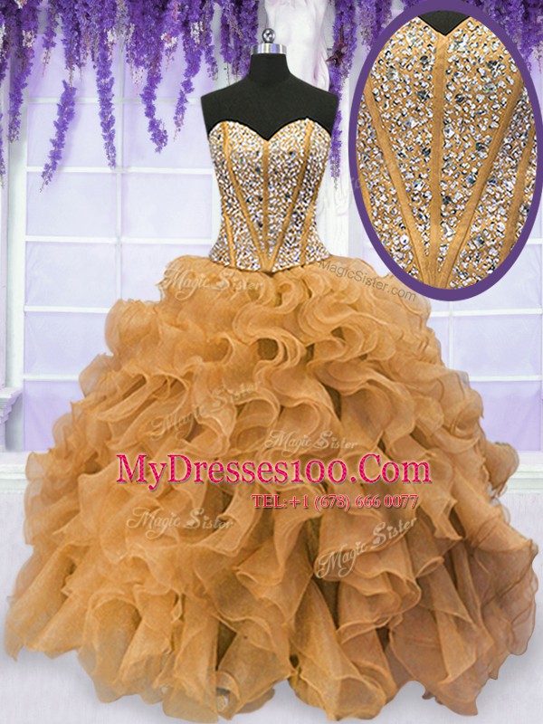 Custom Designed Floor Length Gold Vestidos de Quinceanera Organza Sleeveless Beading and Ruffles