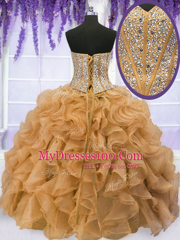 Custom Designed Floor Length Gold Vestidos de Quinceanera Organza Sleeveless Beading and Ruffles