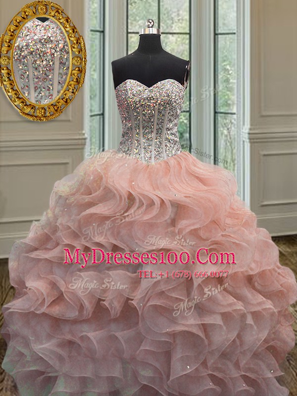 Pretty Beading and Ruffles Quinceanera Gown Peach Lace Up Sleeveless Floor Length
