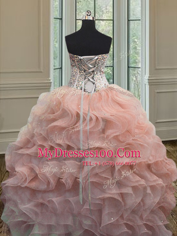 Pretty Beading and Ruffles Quinceanera Gown Peach Lace Up Sleeveless Floor Length