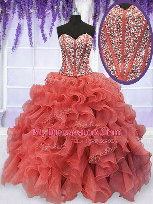 Elegant Coral Red Organza Lace Up Quinceanera Dress Sleeveless Floor Length Beading and Ruffles