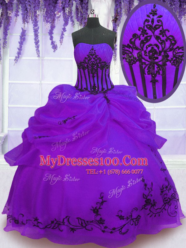 Floor Length Purple Ball Gown Prom Dress Organza Sleeveless Embroidery