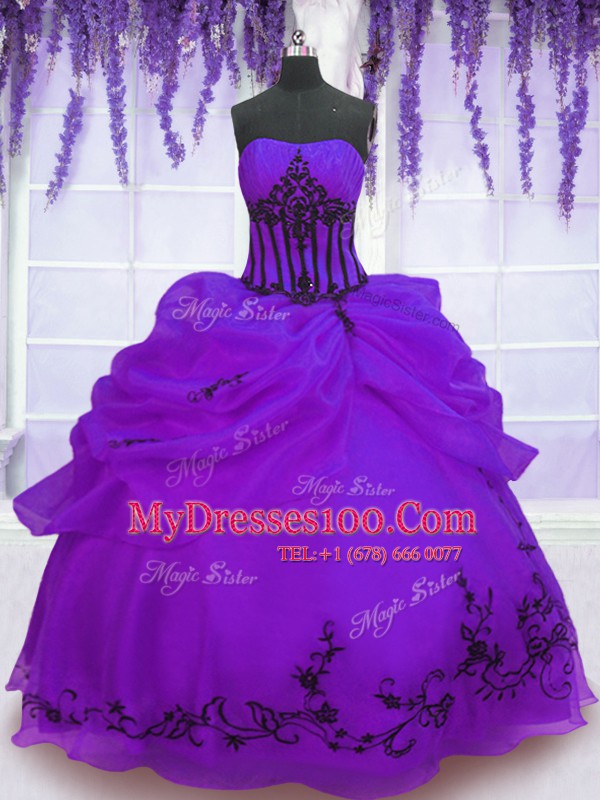 Floor Length Purple Ball Gown Prom Dress Organza Sleeveless Embroidery