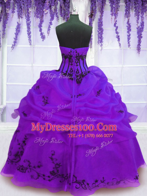 Floor Length Purple Ball Gown Prom Dress Organza Sleeveless Embroidery