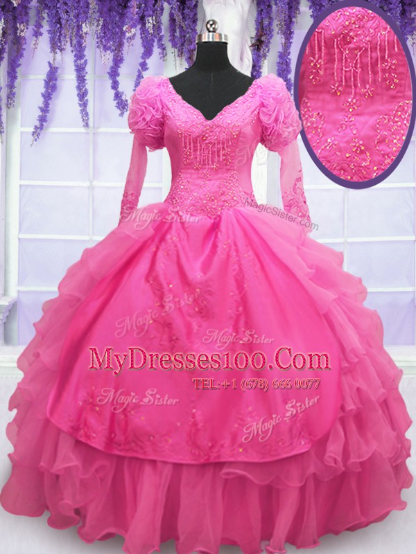 Floor Length Ball Gowns Long Sleeves Hot Pink Quinceanera Dress Lace Up
