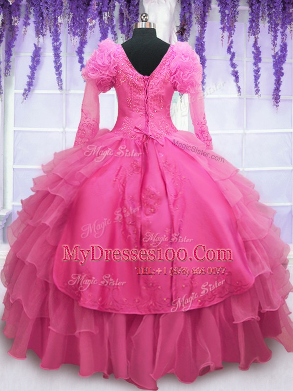 Floor Length Ball Gowns Long Sleeves Hot Pink Quinceanera Dress Lace Up