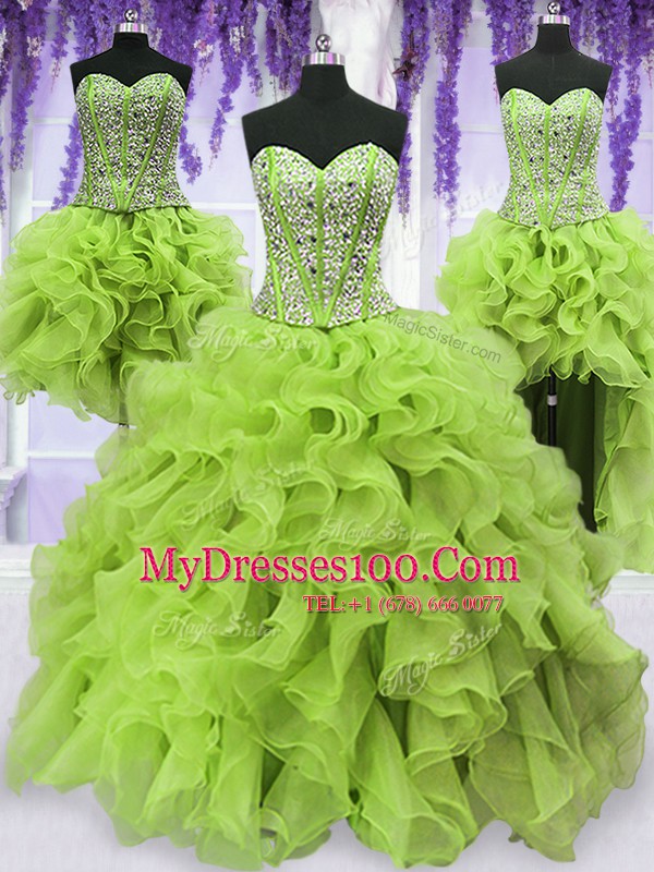 Pretty Four Piece Yellow Green Lace Up Sweetheart Beading and Ruffles 15th Birthday Dress Organza Sleeveless