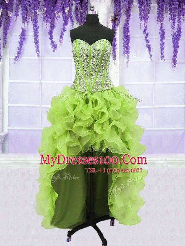 Pretty Four Piece Yellow Green Lace Up Sweetheart Beading and Ruffles 15th Birthday Dress Organza Sleeveless