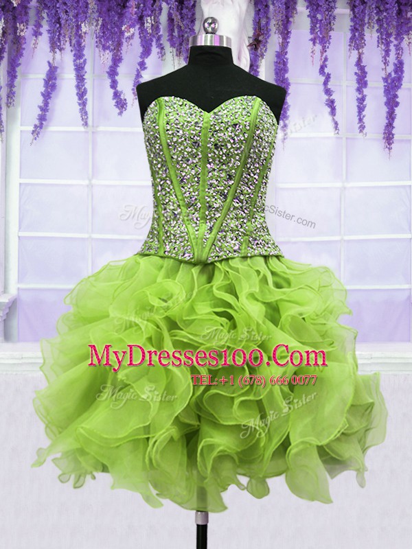 Pretty Four Piece Yellow Green Lace Up Sweetheart Beading and Ruffles 15th Birthday Dress Organza Sleeveless