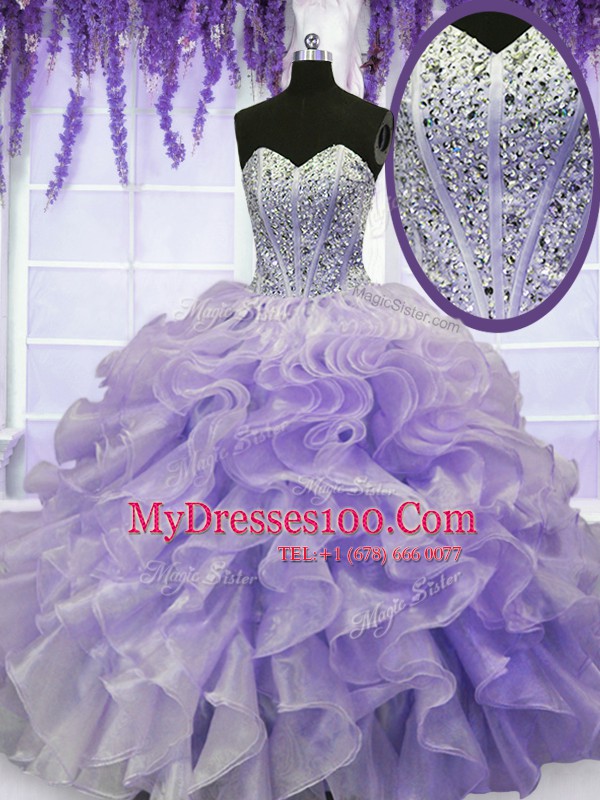 Lavender Sweetheart Neckline Beading and Ruffles Vestidos de Quinceanera Sleeveless Lace Up