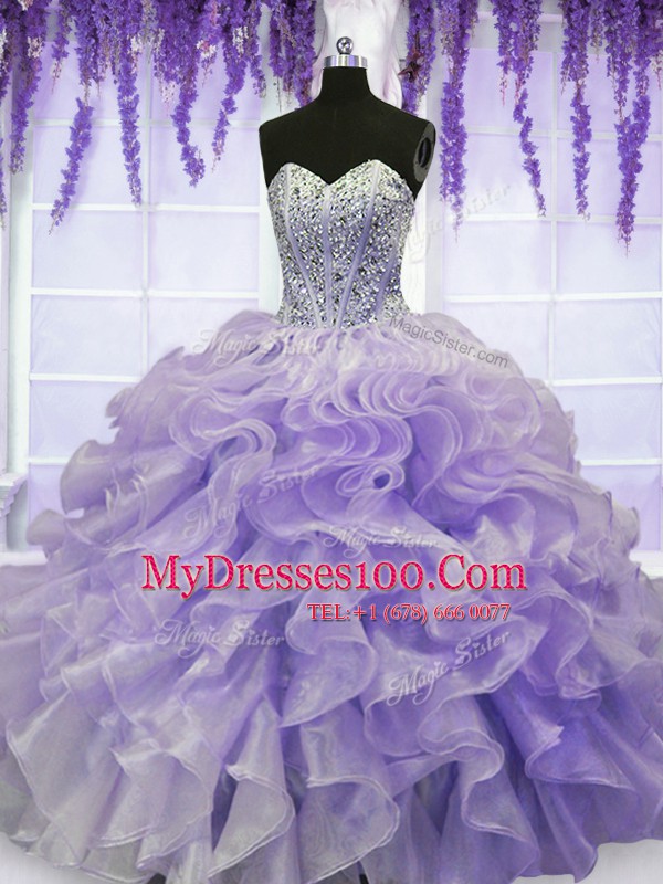 Lavender Sweetheart Neckline Beading and Ruffles Vestidos de Quinceanera Sleeveless Lace Up