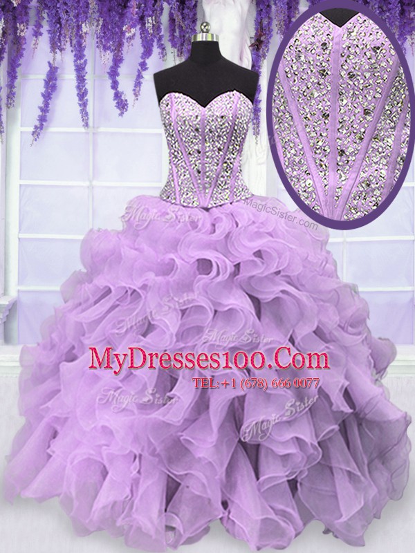 Lavender Sleeveless Floor Length Beading and Ruffles Lace Up Quinceanera Dresses