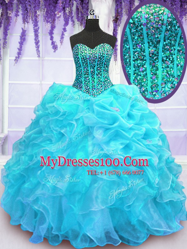 Best Pick Ups Aqua Blue Sleeveless Organza Lace Up Sweet 16 Quinceanera Dress for Military Ball and Sweet 16 and Quinceanera