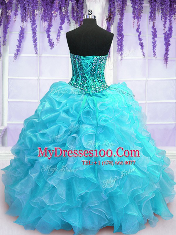 Best Pick Ups Aqua Blue Sleeveless Organza Lace Up Sweet 16 Quinceanera Dress for Military Ball and Sweet 16 and Quinceanera