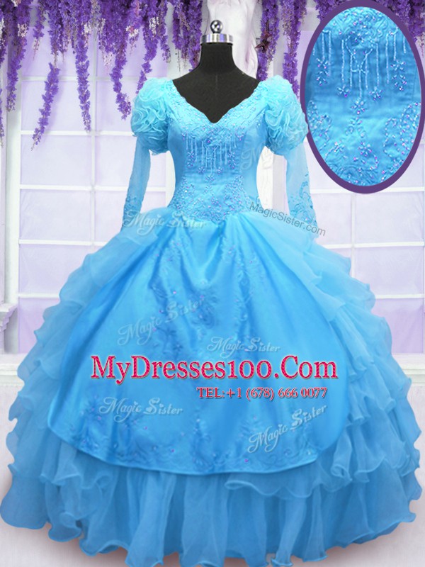 Organza V-neck Long Sleeves Lace Up Beading and Embroidery and Hand Made Flower Quinceanera Gowns in Baby Blue
