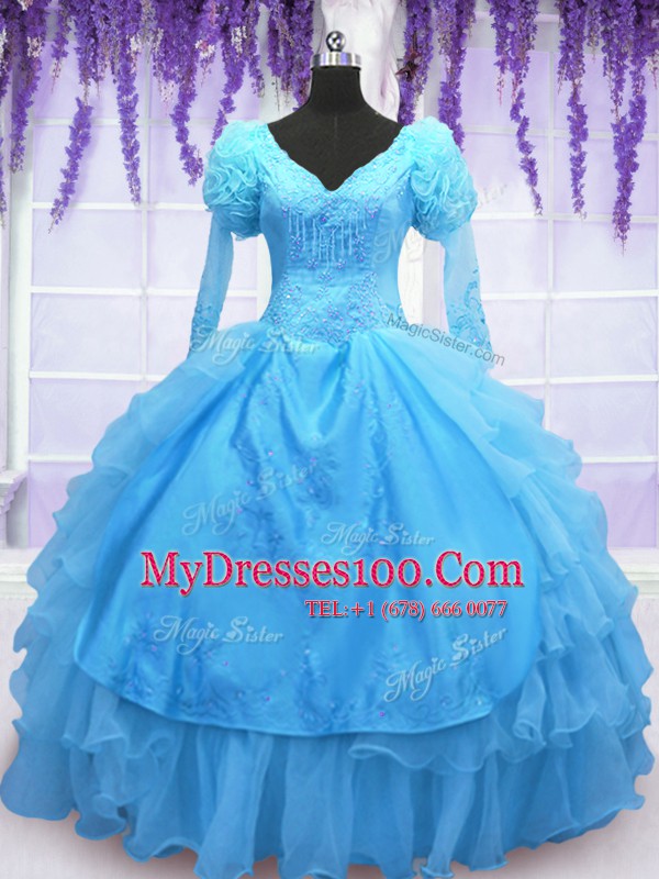 Organza V-neck Long Sleeves Lace Up Beading and Embroidery and Hand Made Flower Quinceanera Gowns in Baby Blue