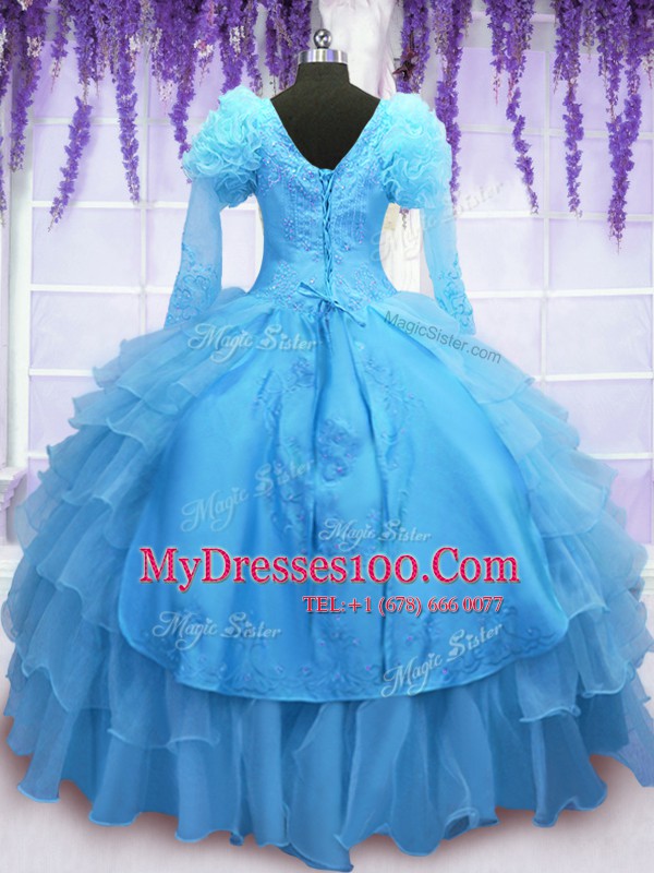 Organza V-neck Long Sleeves Lace Up Beading and Embroidery and Hand Made Flower Quinceanera Gowns in Baby Blue